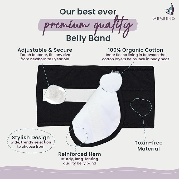 MEMEENO Baby Belly Band for Gas & Colic Relief - Heating Pad, Tummy Wrap for Newborns, Noir