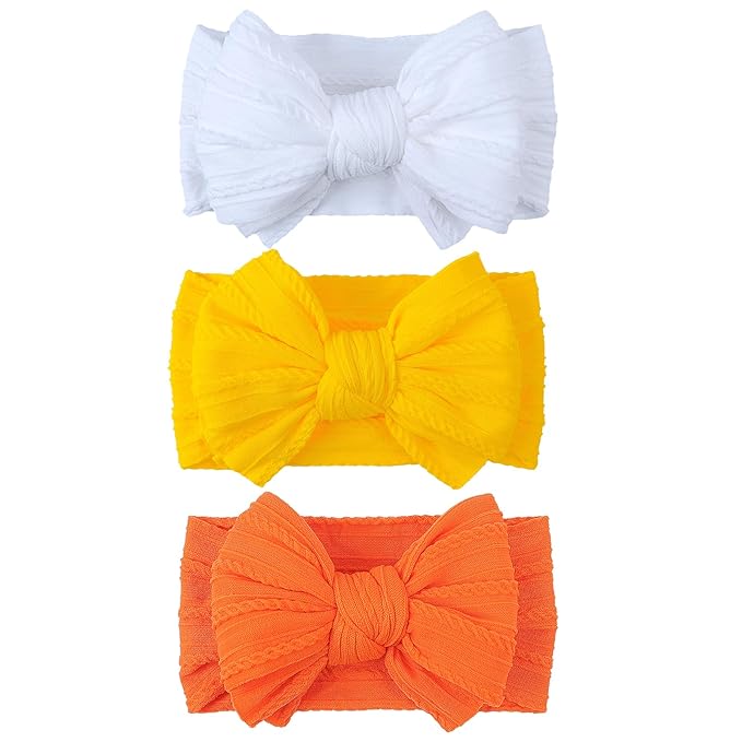 LemonSpace Handmade Baby Girls Headbands Soft Stretchy Nylon Halloween Thanksgiving Hair Accessories with Bows Fall Yellow Orange color for Newborn Baby Girls Infant Toddlers Kids(White Yellow Orange)