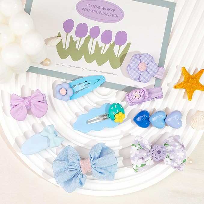Hair Clips for Girls 19 Pcs Assorted Barrettes for Kids Spring Flower Bows Heart Purple Blue Cute Hair Accessories for Little Girls Teens Toddlers Child Kids
