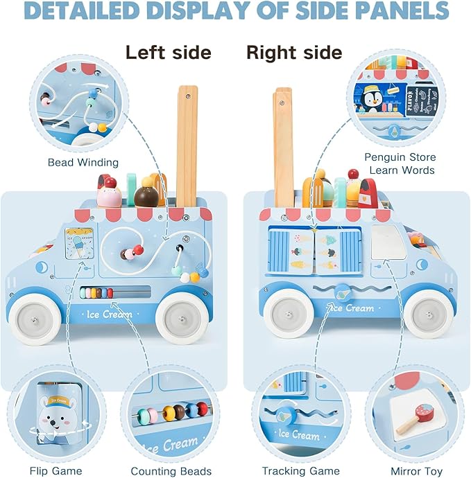 labebe Baby Push Walker, Wooden Activity Walker for Boys Girls 12M+, Push Walker Toy for Kids Learning to Walk, Adjustable Speed Learning Walking with Wheels, Birthday Gift for Babies Ages 1-3 (Blue)