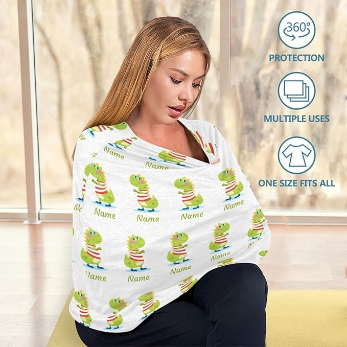 Personalized Cartoon Dinosaur Baby Car Seat Covers for Boys, Custom Carseat Canopy with Name, Nursing Cover Breastfeeding Scarf for Babies, Gift for Infant Newborn, Multiuse Stroller Cover