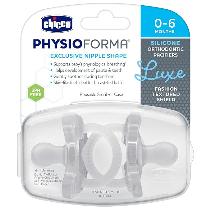 Chicco PhysioForma Luxe Orthodontic Pacifier for Babies 0-6 Months, One-Piece 100% Soft Silicone, Supports Breathing, Textured Shield & Handle, Included Sterilizing Case, BPA Free, 2-Pack, Crystal