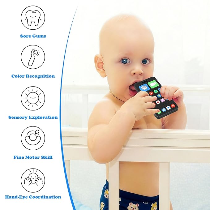 Baby Silicone Teething Toys, Phone Teether Toys for Toddlers 3-18 Months, Boys Girls Babies Teething Toy, Baby Chew Toy, Freezer BPA Free