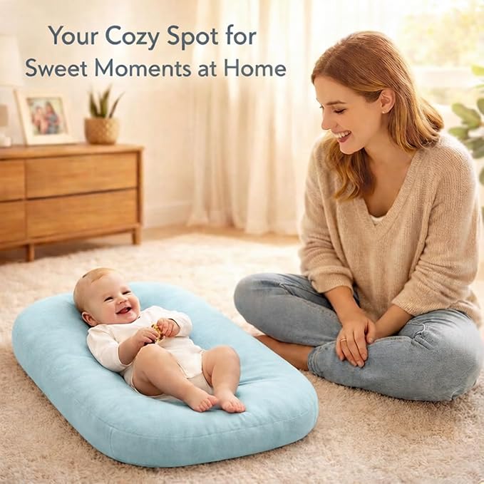 Baby Lounger for Newborn,Baby Nest for Newborn Soft Cotton Breathable for Playtime & Relaxation,Flat Babies Essentials Gifts Newborn Lounger for Boys & Girls 0-12 Months(Misty Blue)