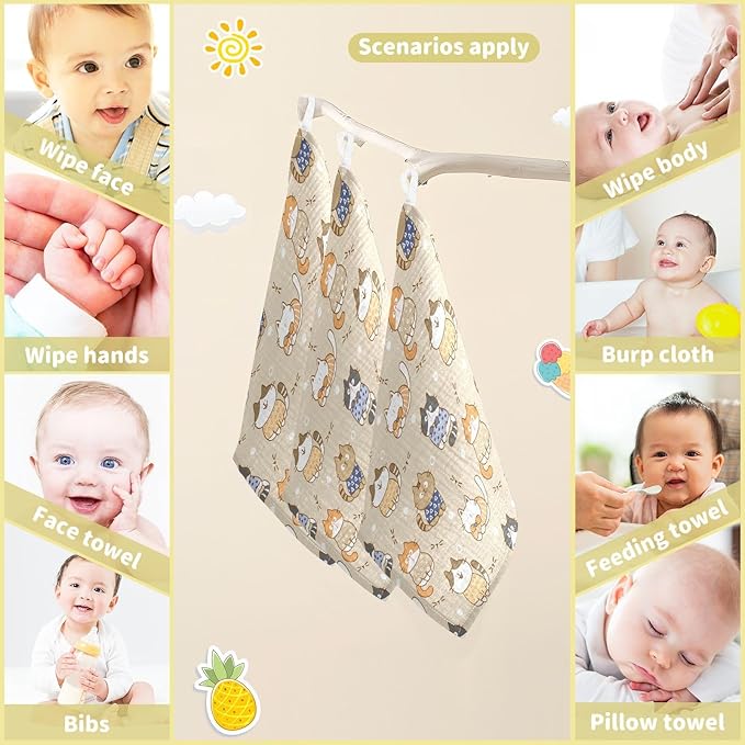 vvfelixl Cute Cats Baby Burp Cloths Baby Muslin Washcloths for Boy Girl Cotton Baby Face Towel for Newborn Infants Soft and Absorbent 11.8 X 11.8 in, 5 Pack
