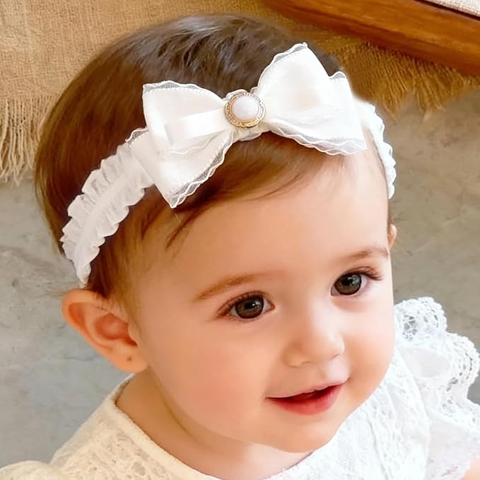 Baby Girls Headband White Bow Lace Headbands Soft Elastic Bowknot Hairbands Cute Hair Accessory for Newborn Kids Infant Toddler Baptism Birthday Party (Bow B)