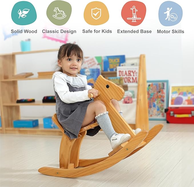 Wooden Rocking Horse Baby Ride On Toy for Toddler Rocking Horse Classic Design with Pedal and Safe backrest for Toddlers (Pink)
