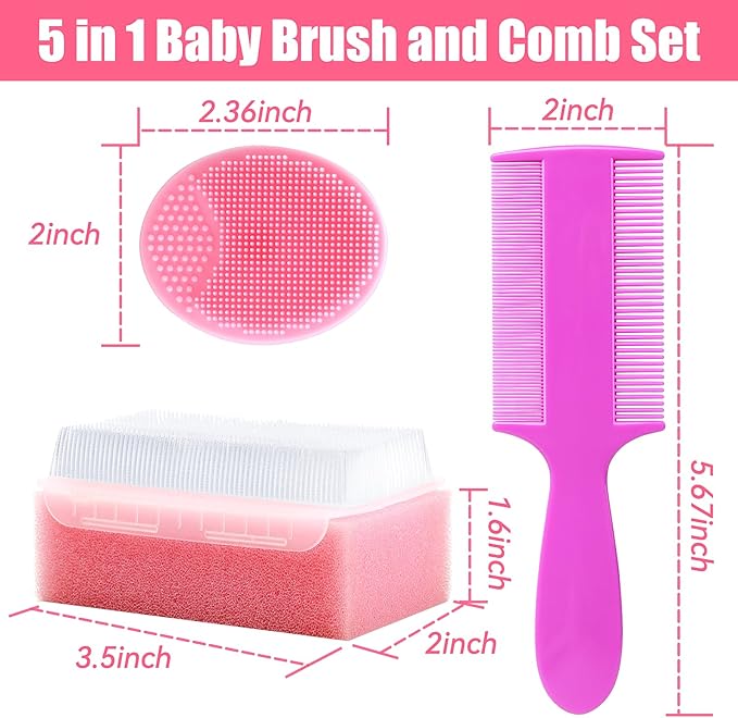 Cradle Cap Brush for Babies, 5Pcs Cradle Cap Treatment Set with Soft Bristle Brushes Silicone Scrubber Long Comb for Newborn Bathing Essentials Baby Brush and Comb Set (Pink)