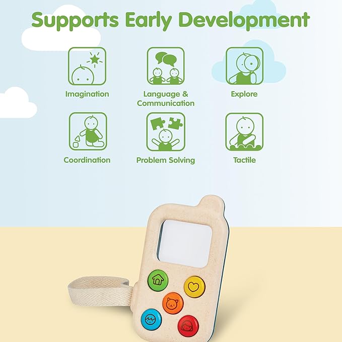 PlanToys® Wooden My First Phone Toy for Toddlers | Montessori Baby Sensory Toy with Magnifier Screen & Buttons | Pretend Play Cell Phone for Learning & Development