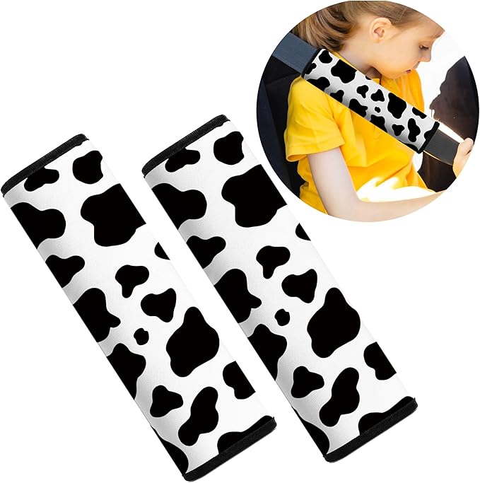 Car Seat Belt Pad Cover, 2-Pack Soft Car Safety Seat Belt Strap Shoulder Pad for Adults and Children, Suitable for Car Seat Belt, Backpack, Shoulder Bag (Cow Pattern)