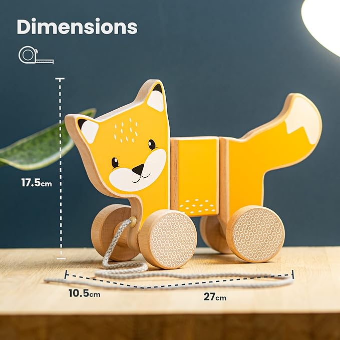 Bigjigs Toys FSC® Certified Fox Pull Along Toy - Eco-Friendly Wooden Fox with Grey Pull Cord, Quality Pull Along Toys for 1 Year Olds, Wooden Baby Toys with Non-Toxic Paints & Lacquers