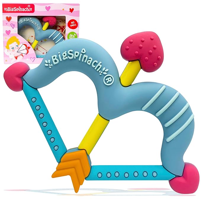 BIGSPINACH Teethers Heart Shape Silicone Baby Teether Toy Easy for Little Hands to Hold,Cupid Bow and Arrow Soft Teething Toy for Infants,Valentine's Gift for Girl or Boy (Blue)