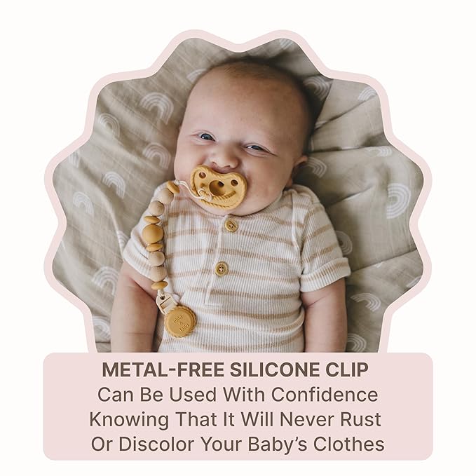 Silicone Pacifier Clip – Metal-Free, Rust-Free, 100% Food-Grade Silicone and Natural Beech Wood, Secure Pacifier Holder for Babies – Sun - Mila & Lulu