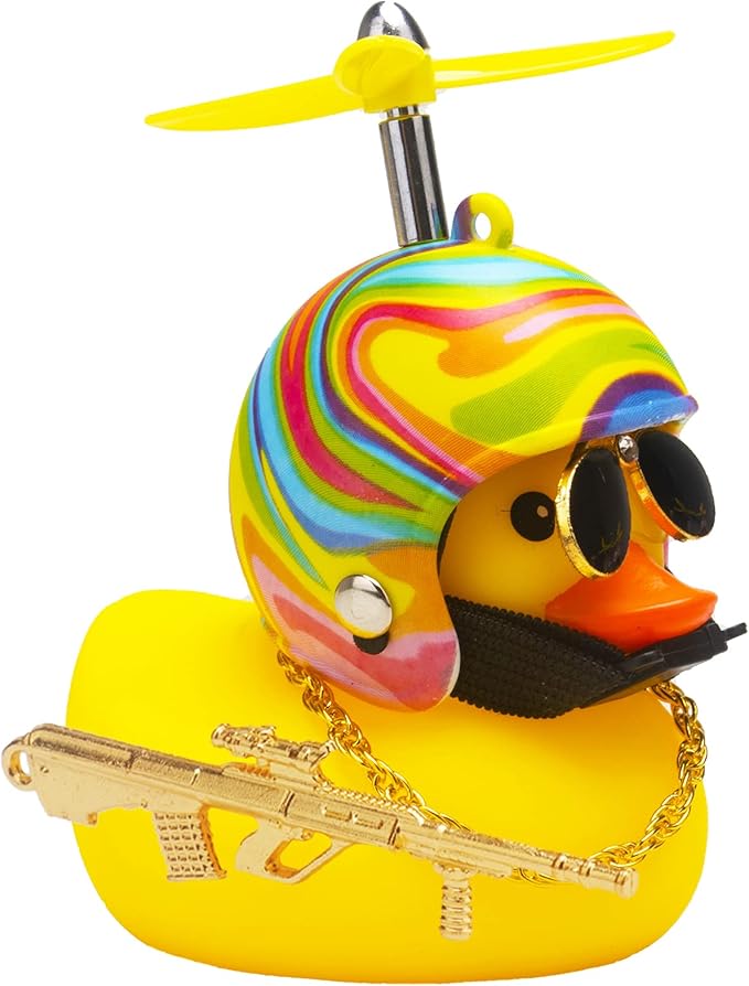 wonuu Rubber Duck Car Ornaments Cool Yellow Duck Car Dashboard Decorations Squeaky Glasses Duck with Propeller Helmet for Car ccessories Dashboard (Rainbow-Yellow G)