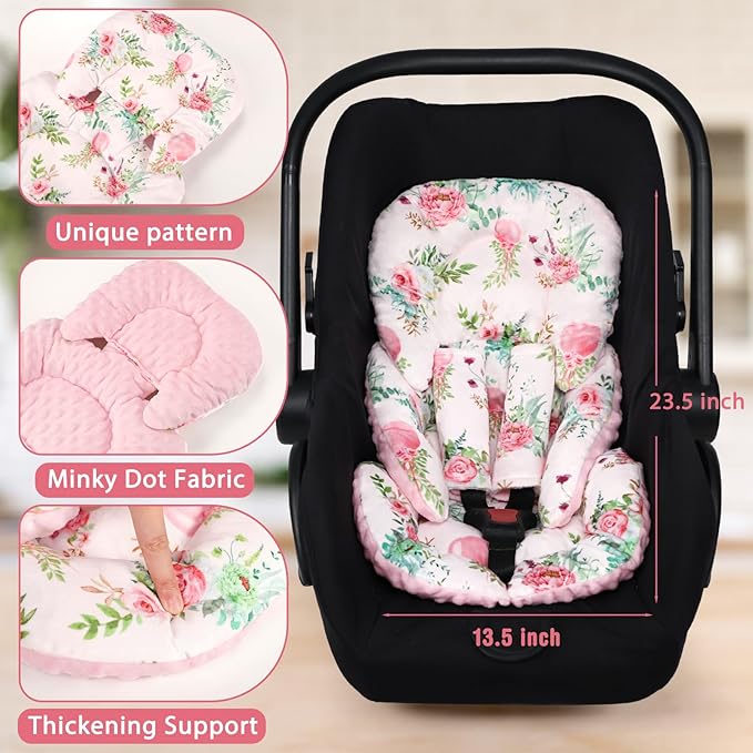 Infant Car Seat Insert, Car Seat Head Support Baby with 2 Covers, Ultra-Soft Newborn carseat Insert, Perfect for Car Seat, Stroller, Swing, Flower