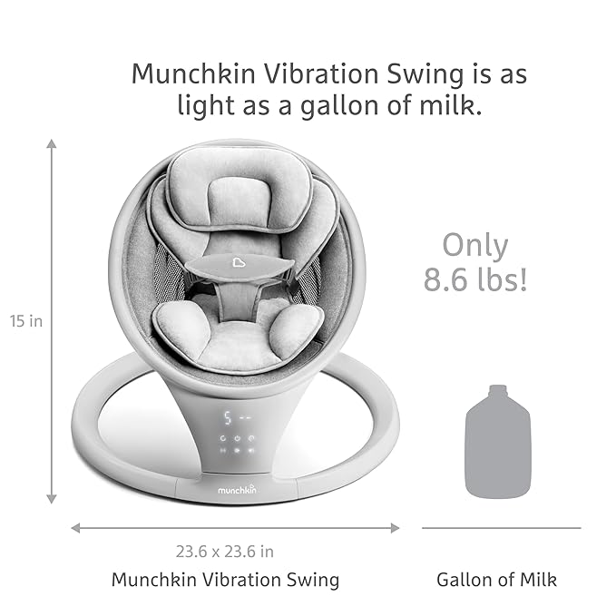 Munchkin Electric Baby Swing with Vibration - Portable Swing for Newborn and Infant, Bluetooth-Enabled Smart Seat with Music, Motion, and Sounds, Light Grey
