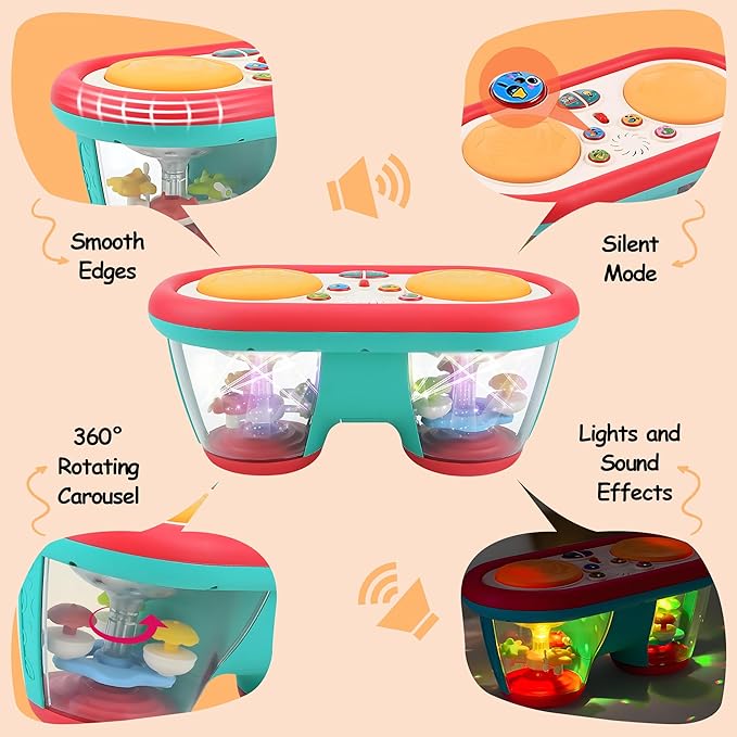 Baby Toys for 6-18 Months, Musical Drum, Light Up, Tummy Time, Baby Gifts