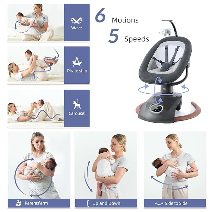VaVaSoo Electric Baby Swing for Infants Mamroo with Remote Control, Rocker with 6 motions, 5 Speeds, 13 Music Include White Noise, 5 Point Harness, 3 Seat Positions for Newborn Boy Girl Max 20 Lbs