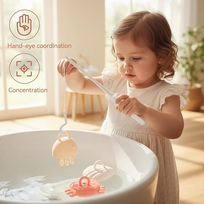 Silicone Fishing Toy Game Playset,Bath Toys for Toddlers and Babies,Montessori Fine Motor Skills Fish Games for Children,Kids Bathtub Toys,Floating Bath Tub Toys for Kids Baby Infant