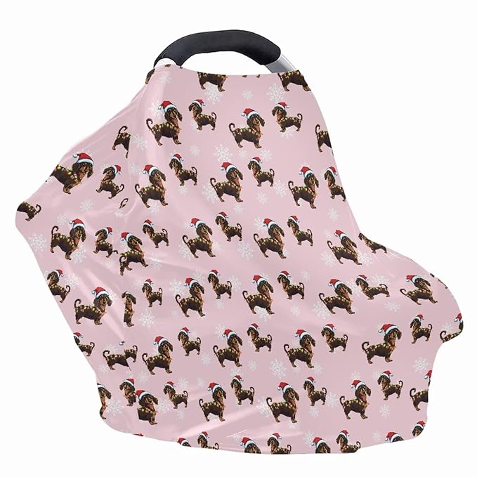 AFPANQZ Christmas Dachshund Baby Car Seat Cover Canopy and Nursing Cover Infant Baby Car Canopy Cover Warm Breathable Windproof Open Peep Top Universal Fit