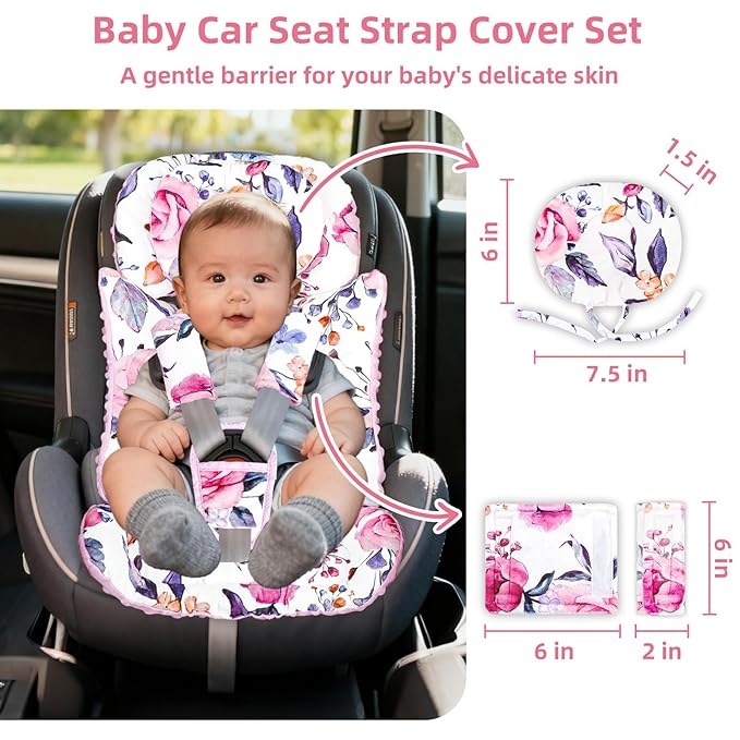 Infant Car Seat Insert with Removable Baby Head Support Pea Pod Newborn Carseat Insert Soft & Breathable Baby Car Seat Cushion, Minky Dot Backing, Universal Fit Stroller, Swing, Bouncer, Floral