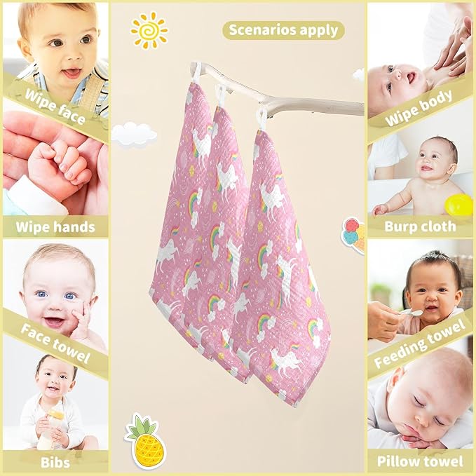 vvfelixl White Unicorn Rainbow Star Baby Burp Cloths Baby Muslin Washcloths for Boys Girls Cotton Baby Face Towel for Newborn Infants Soft and Absorbent 11.8 X 11.8 in, 5 Pack