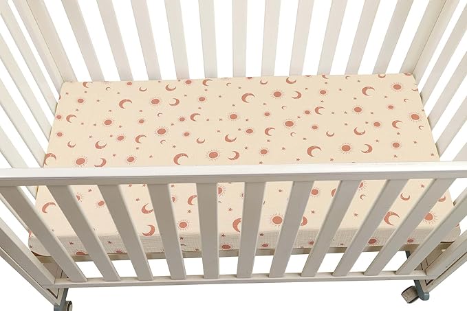 Onacosht Muslin Crib Sheets for Boys Girls, Soft Breathable 100% Cotton Baby Fitted Sheet 52" x 28" for Standard Toddler Crib Mattress, 2 Pack, Light Brown and Moon