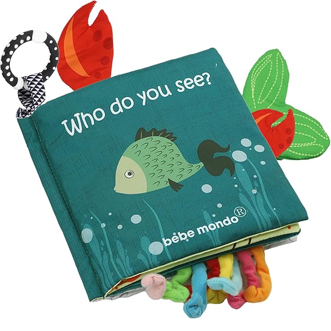Fish Baby Books, Crinkle Books for Babies,Touch Feel,Infant Baby Toys 0-3 0-6 6-12 Months, Sensory Mirror Toys,Soft Teether,Teething,Shower Baby Easter Basket Stuffers,Baby Gifts for Boys Girls-Green