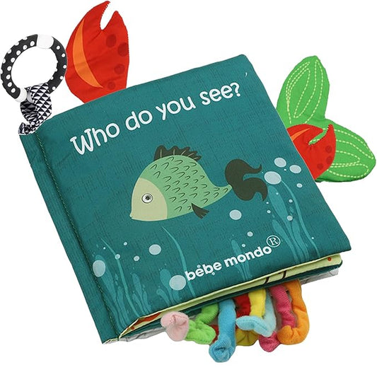 Fish Baby Books, Crinkle Books for Babies,Touch Feel,Infant Baby Toys 0-3 0-6 6-12 Months, Sensory Mirror Toys,Soft Teether,Teething,Shower Baby Easter Basket Stuffers,Baby Gifts for Boys Girls-Green