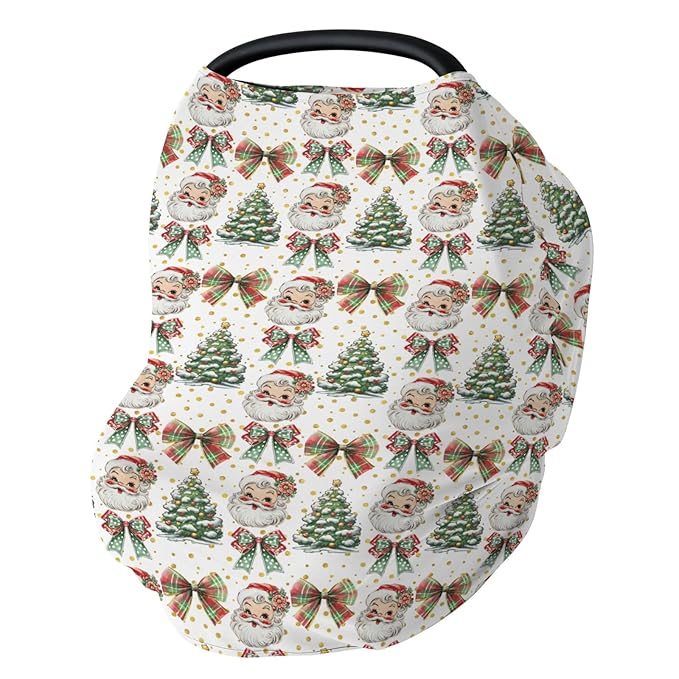 Christmas Santa Trees Car Seats Cover for Babies Santa Claus Red Green Bows Stretchy 5-in-1 Cover Adjustable Car Canopy Cover Winter Holiday Breathable Nursing Cover-Up
