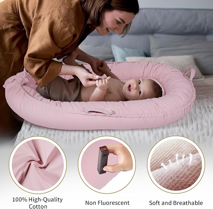 Baby Lounger - Baby Lounger for Newborn 0-24 Months, Soft Breathable Cotton Infant Lounger Cover, Portable Baby Nest for Travel, Newborn Essentials for Baby Girl