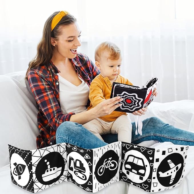 Vicloon Black and White Baby Toys, High Contrast Baby Book for Newborn 0-3 3-6 Months, Infant Tummy Time Toys, Early Education Sensory Toys, Visual Stimulation Folding Cloth Book for Boys Girls