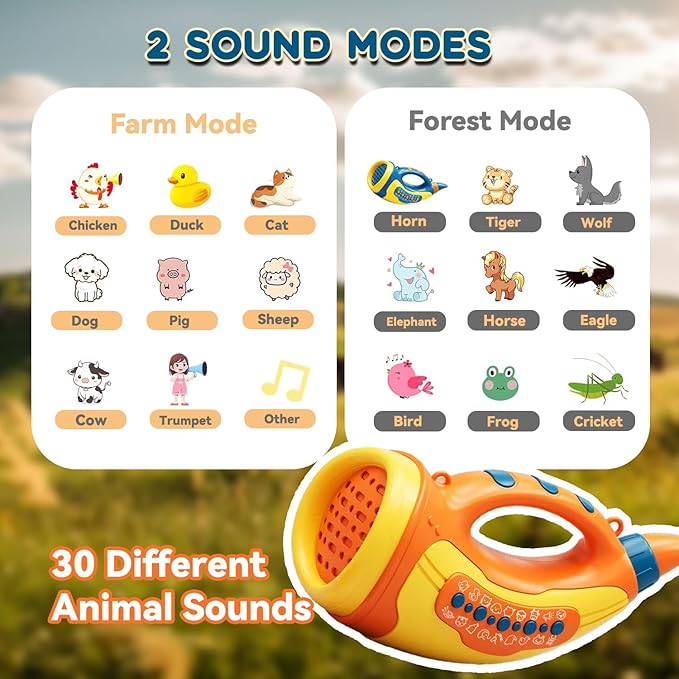 Toys for 3 Years Old Boy Girl Birthday Gift, Music Animal Caller Toy with 30 Realistic Animal Sounds, Early Learning Toy for Kids Todlers with 8" Horn and 3-Level Lights (Yellow - Horn)