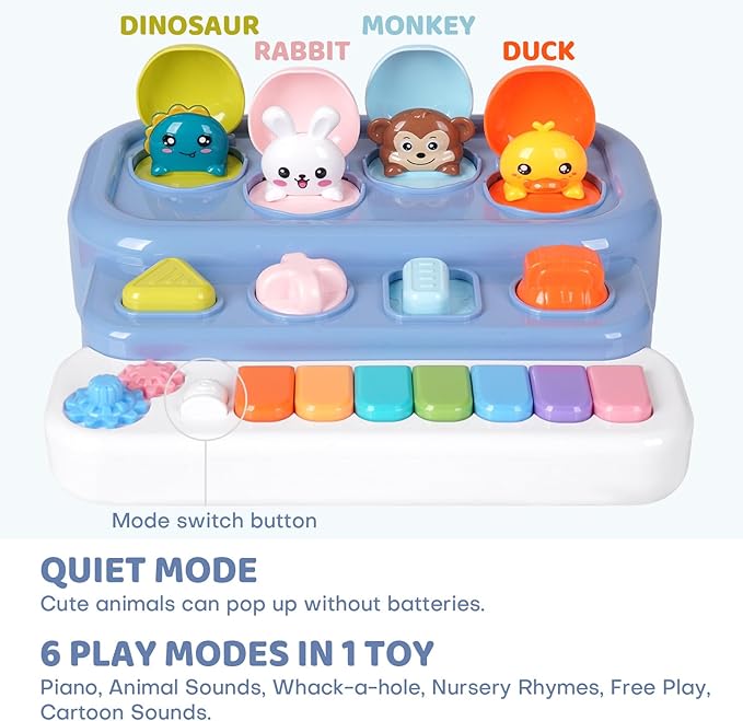 Interactive Pop Up Music Piano Toy with Music & Lights, Montessori Animal Cause and Effect Toys, STEM Learning Educational Baby Toy for Toddlers 1-3 Years Old, Gift for Infants 6-12 Months