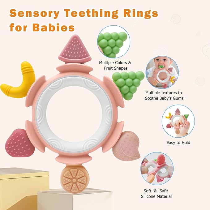Baby Teething Ring Toy for 3-12 Months, Silicone Infant Teether for Sore Gum Relief, Soothing Sensory Chew Toy, Ideal Newborn Gift for Boys Girls Baby Shower, Birthday or Easter, Pink