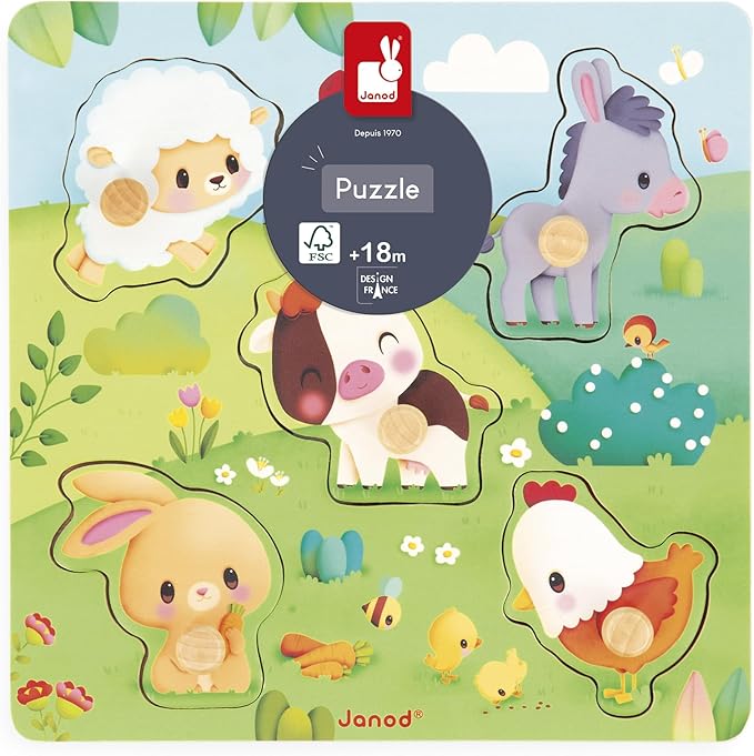 Janod - 5-Piece Wooden Tactile Puzzle - Farm Theme - Interlocking Puzzle with Textures - Educational Game - Touch, Fine Motor Skills and Concentration - from 18 Months, J07129
