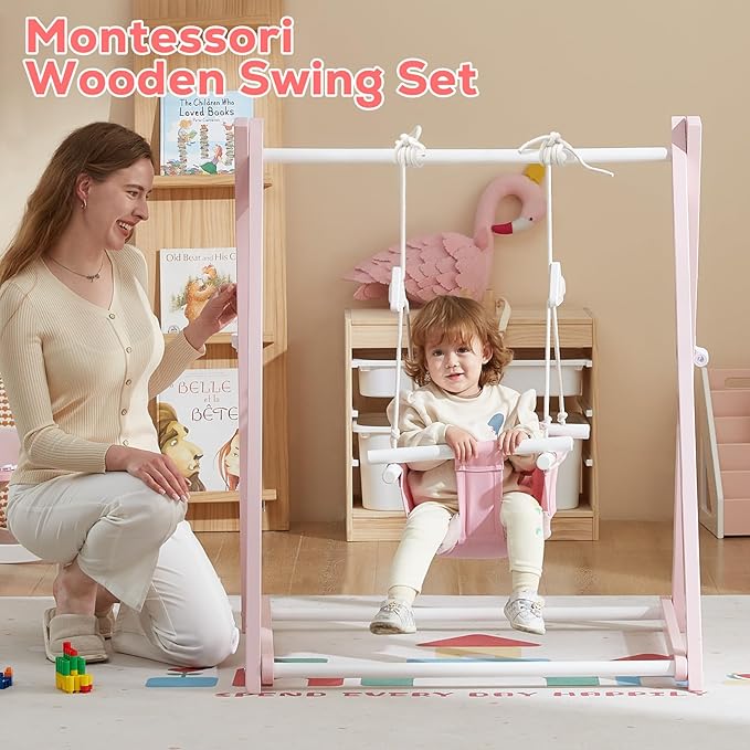 FUNLIO Montessori Wooden Swing Set for Toddlers 6-36 Months, Foldable Indoor Baby Swing Set of Durable Pine, Portable with 4 Sandbags &Extension Straps, Toddler Swing for Indoor/Outdoor-Pink