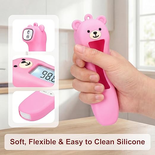 Cute Bear Silicone Thermometer Case Compatible with GoodBaby No-Touch Thermometer, Soft Anti-Drop Protective Cartoon Animal Cover Helps Calm Babies During Temperature Checks - Pink