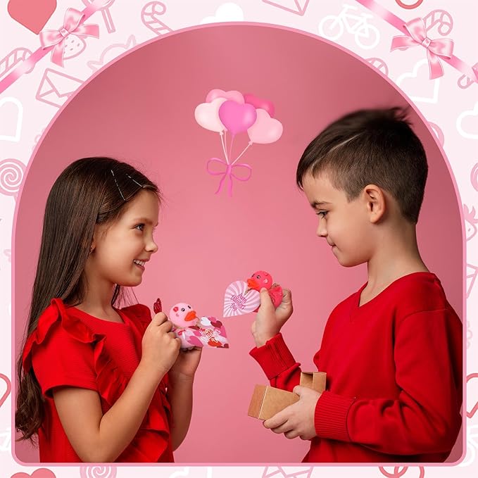 Jerify 12 Pcs 2 Inch Valentines Ducks for Kids Classroom Exchange Gifts Valentine's Day Rubber Ducks with Gifts Cards Mini Heart Rubber Duckies Valentines Party Favors Toys, 6 Styles (Popularity)