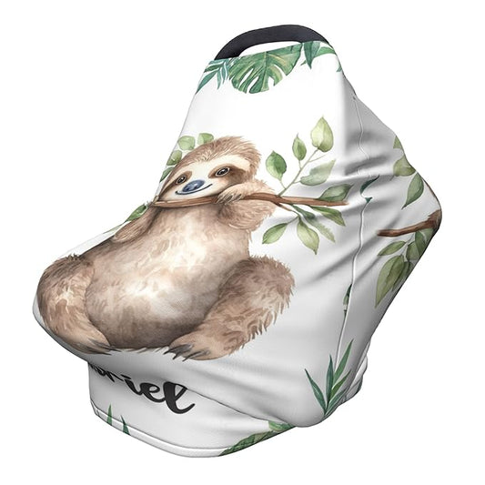 Personalized Car Seat Covers for Babies with Name – Multi-use Breastfeeding Cover Custom Sloth Carseat Canopy Cover, Infant Stroller Covers for Boys and Girls