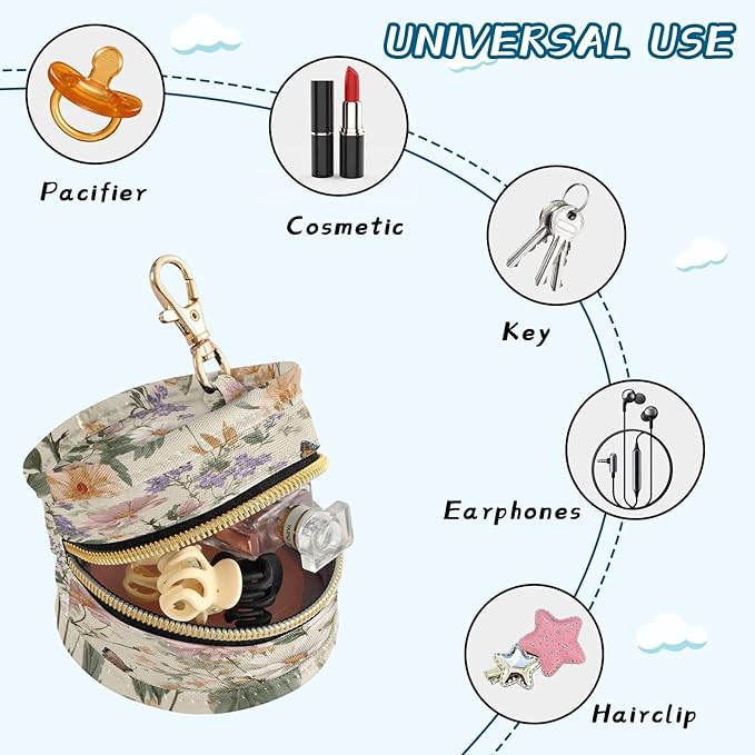 Pacifier Holder with Clip Pacifier Case for Diaper Bag Round Baby Pacifier Pouch Box Bag Portable Beige Flowers and Butterflies Spring
