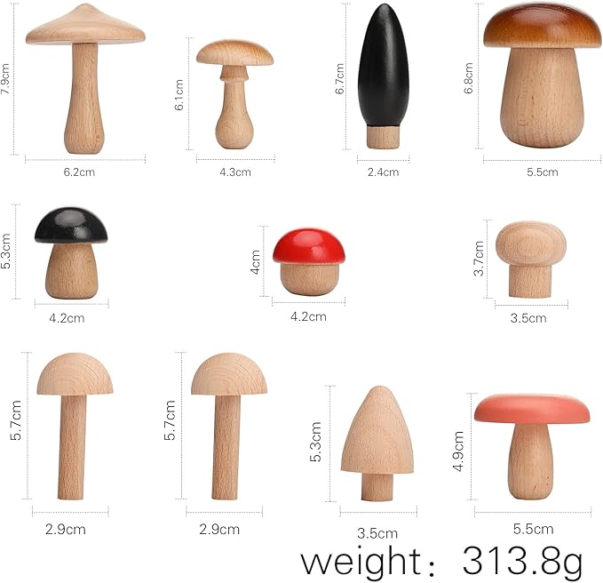 Promise Babe Wooden Mushroom Toys, Montessori Wooden Blocks Stacking Toys for Toddlers 11 Pcs, Miniature Mushroom Various Sizes Woodland Creative Craft Home Decor
