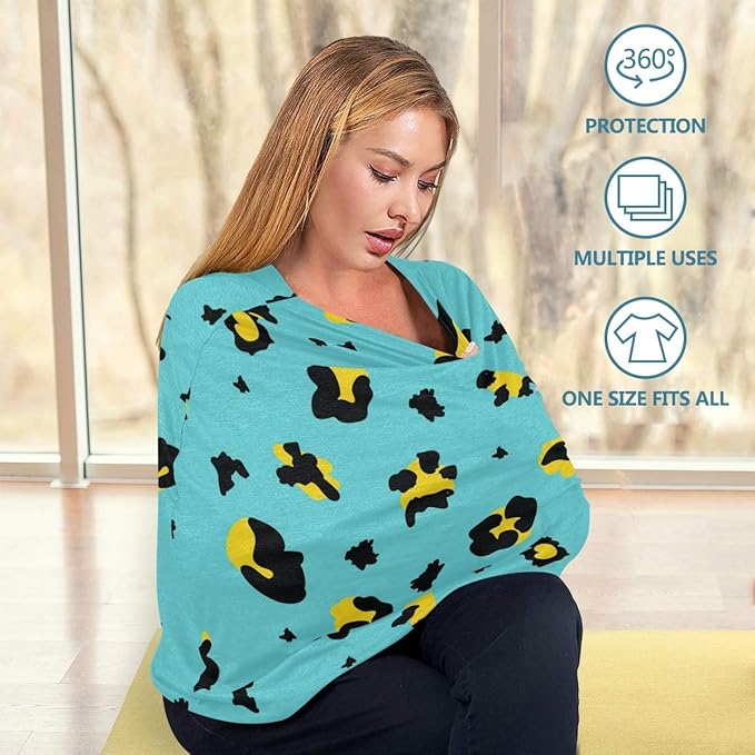 Colorful Teal and Yellow Leopard Baby Car Seat Covers, Nursing Cover Breastfeeding Scarf Soft Breathable Stretchy Coverage, Infant Stroller Cover for Boys Girls