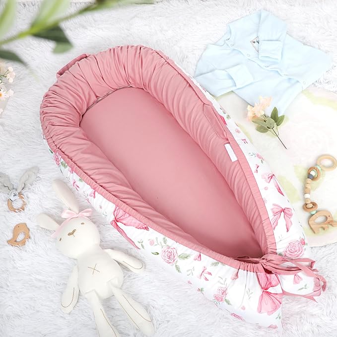 Baby Lounger Cover for Boys Girls, Reversible Baby Nest Cover, Adjustable Baby Lounger Replaceable Cover for Infant Newborn, Portable and Machine Washable, Cotton Pink Rose Cover Only