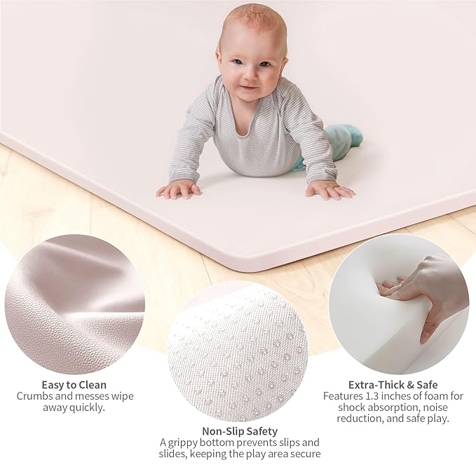 PU Leather Baby Play Mat for Floor, 74"×50" Playpen Mat, 1.3" Thick Elasti-Foam, Non-Slip Crawling Mat for Tummy Time, Waterproof & Wipe-Clean Playmat for Toddler,Infant, Kids (Pink)