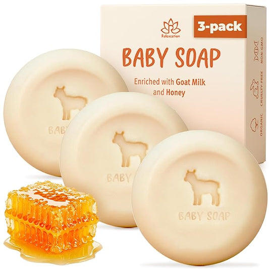 Relaxcation 3 Baby Soap Bars with Goat Milk and Honey - Naturally Cold Processed from Organic Ingredients - Handmade in USA - Ideal fro Newborns, babys, Kids and Adults (Pack of 3