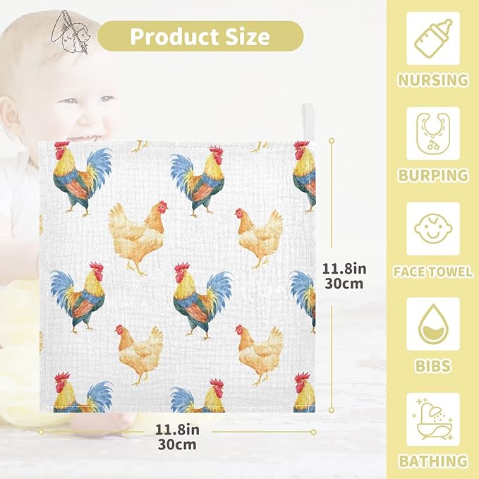 Baby Washcloths Cotton Chickens Rooster Baby Muslin Washcloths Soft Baby Face Towel for Newborn Infants Baby Wipes, 11.8 X 11.8 Inch, 5 Pack White