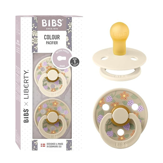 BiBS Liberty Pacifier 2-Pack, BPA Free Pacfiers with Natural Latex Round Nipple, Made in Scandinavia, Size 1 (0-6 Months), Strawberries and Cream Ivory Mix