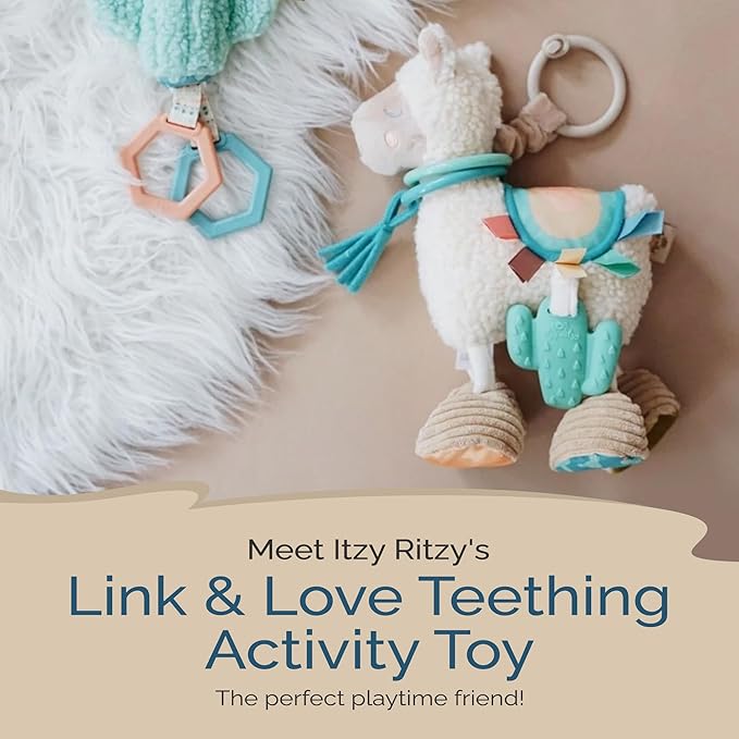 Itzy Ritzy Link & Love Toy for Stroller or Car Seat – Features Textured Ribbons, Crinkle Sounds, Clinking Rings & Silicone Teether – Designed For Ages 0 Months and Up (Llama)