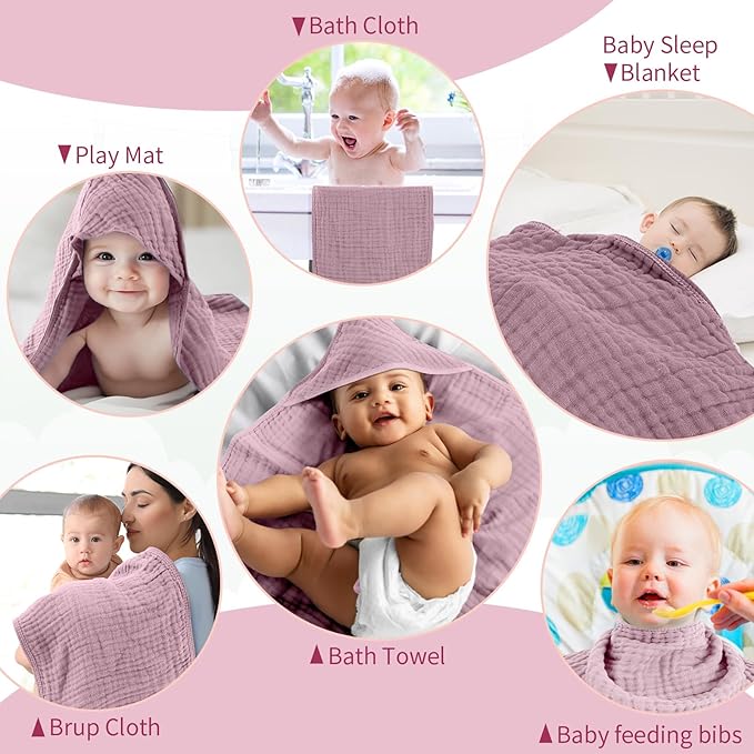 VitalCozy 6 Pcs Baby Muslin Hooded Bath Towels and Washcloths, Muslin Hooded Baby Towels Absorbent Blankets for Gift Newborn Infant Shower (Mauve,Peach Pink)